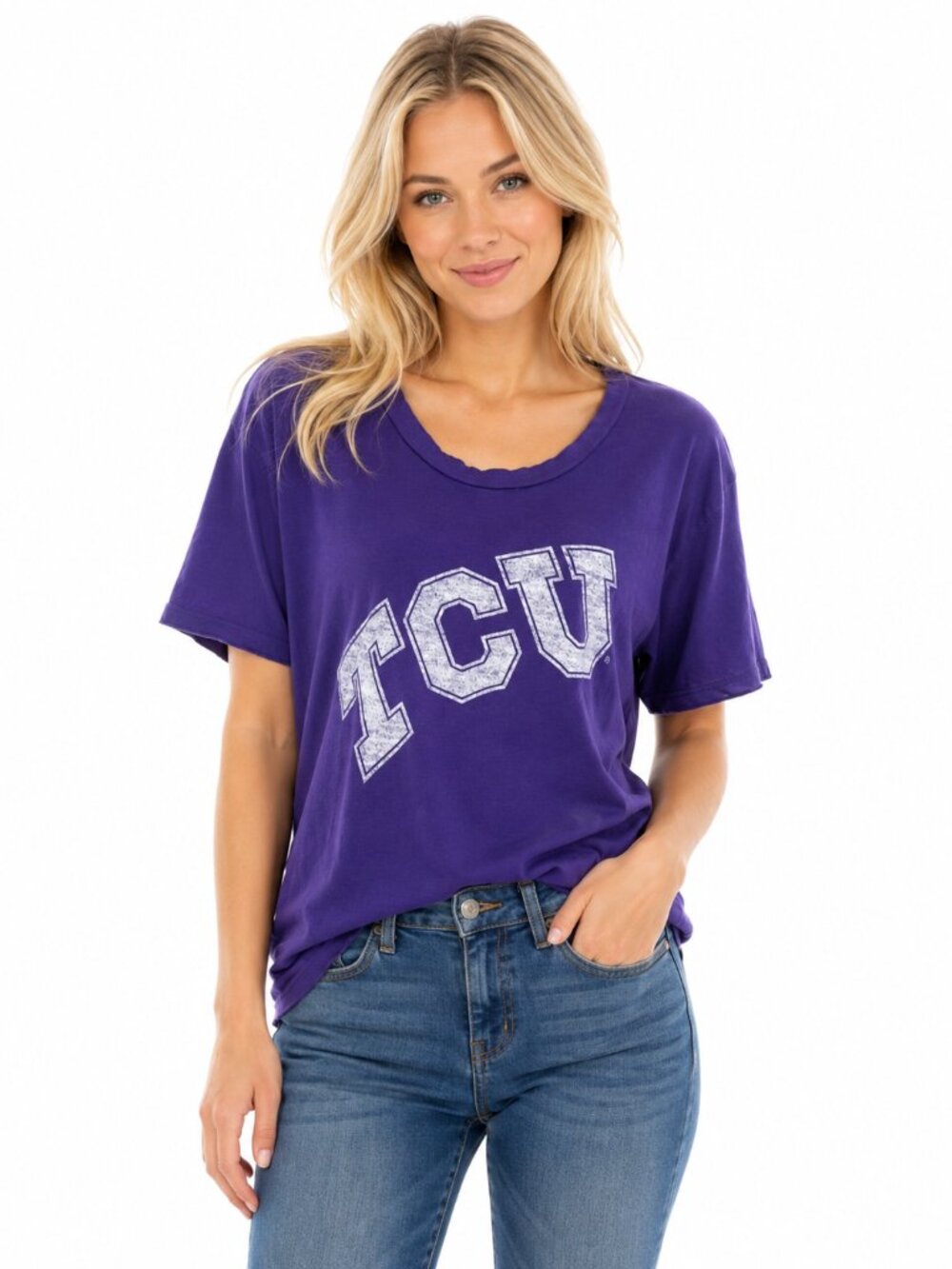 TCU Horned Frogs Womens T Shirt Size Medium Distressed Logo Purple Stretch Tee
